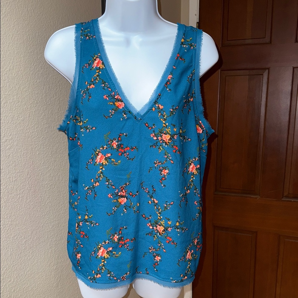 Halogen Sleeveless V-Neck Teal Floral Raw Edge Polyester Tank Top Women’s Size M